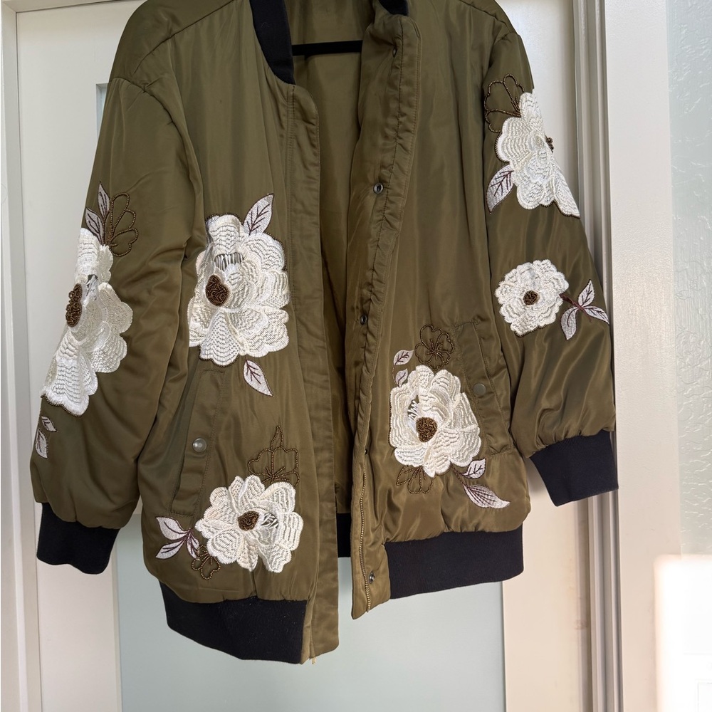 Anthropologie Green and White Floral Bomber Jacket